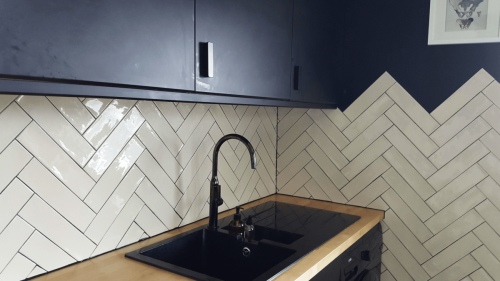 Shane Daly Tiling - Herringbone Tile - Small Kitchen Backsplash - Alternate View