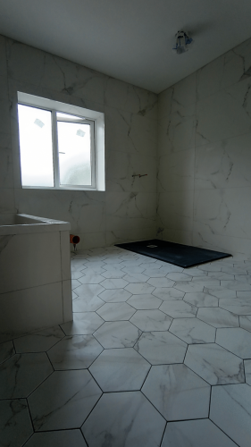 Shane Daly Tiling - Large Format Wall Tile and Hexogonal Floor Tile - Whole Bathrom
