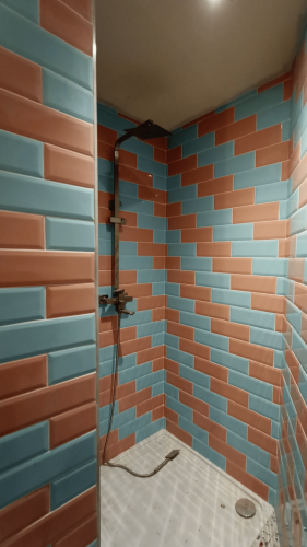 Shane Daly Tiling - Pink and Blue Patterned Subway Tile - Bathroom Shower